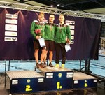 vyhlášení 100M muži - 1. Tomáš Havránek, 2. Petr Novák, 3. David Noll